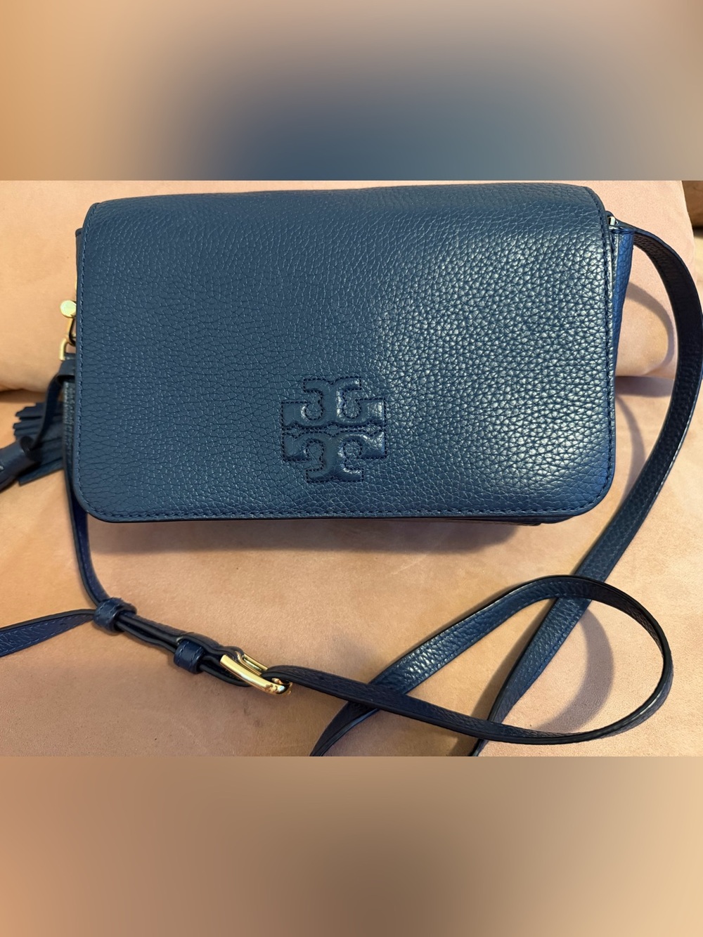 Tory Burch Deep Blue Pebbled Leather Crossbody with Gold Hardware